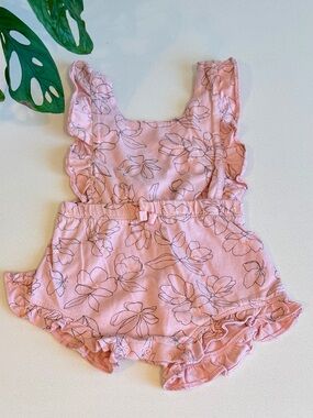 Organic Cotton Pink Baby Romper Size 6M Floral with Ruffle Details